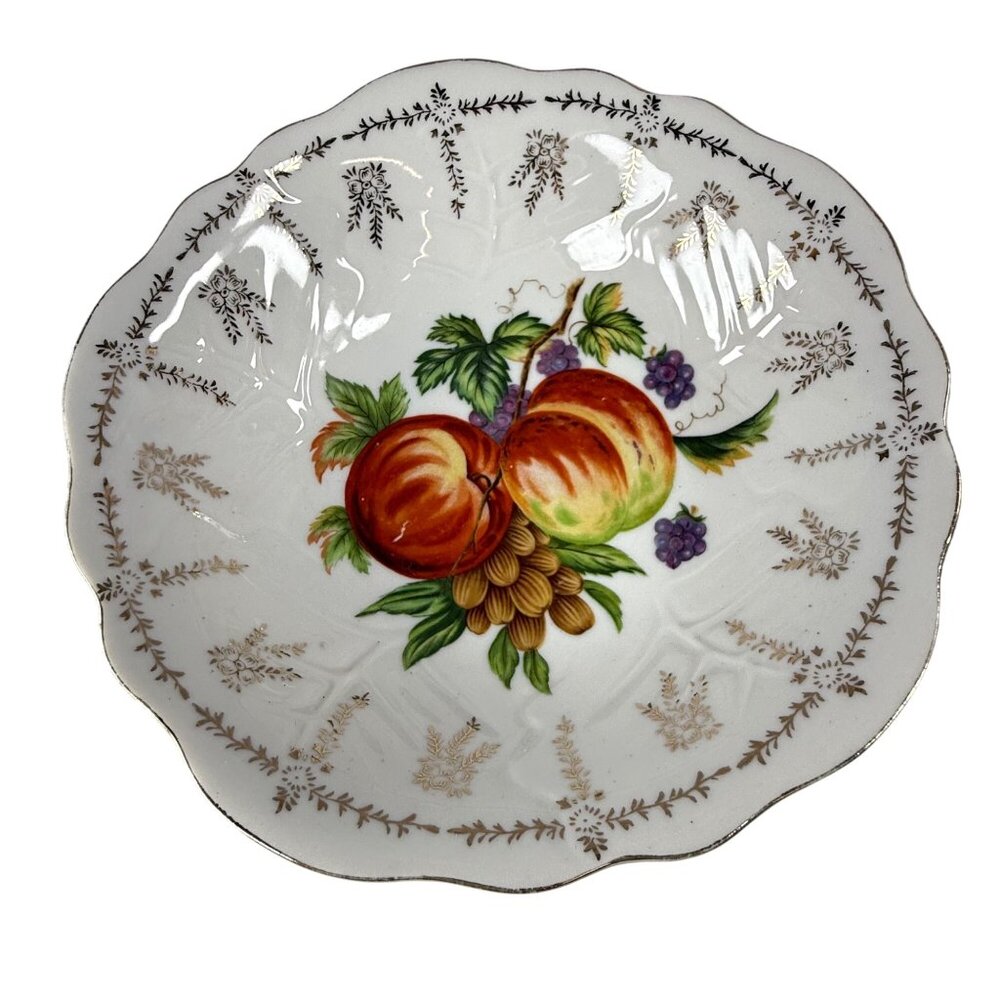 Vintage Porcelain Fruit Motif Decorative Shallow Bowl Scalloped Edge Gold Trim